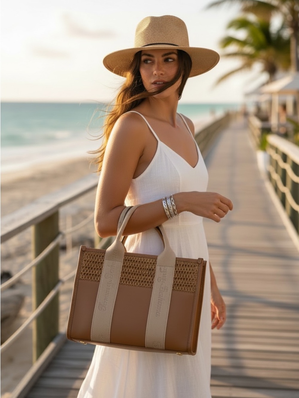 New Tommy Bahama Woven Tote Bag + Silver Bangles Gift Set Resort Chic